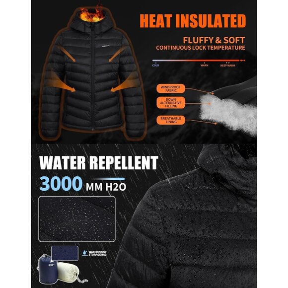 Women's Black Pack Able Puffer Jacket Winter repellent Quilted Coat With Hood - Picture 4 of 7